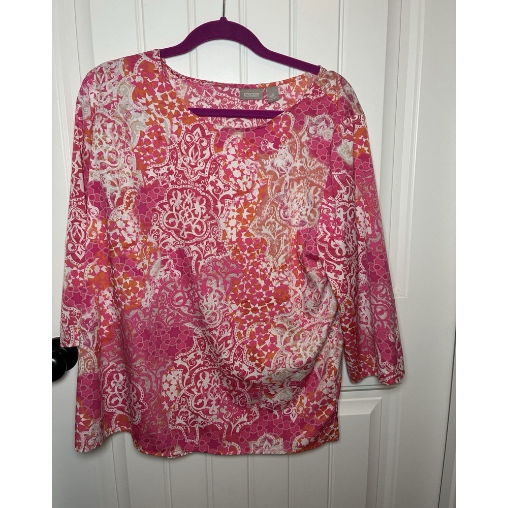 Chicos Pink Orange Paisley Print Scoop Neck 3/4 Sleeve Top Size 3